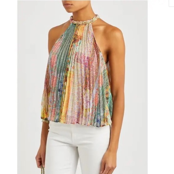 Alice + Olivia Alycia Printed Pleated Chiffon Top Halter Multicolor - Picture 13 of 13